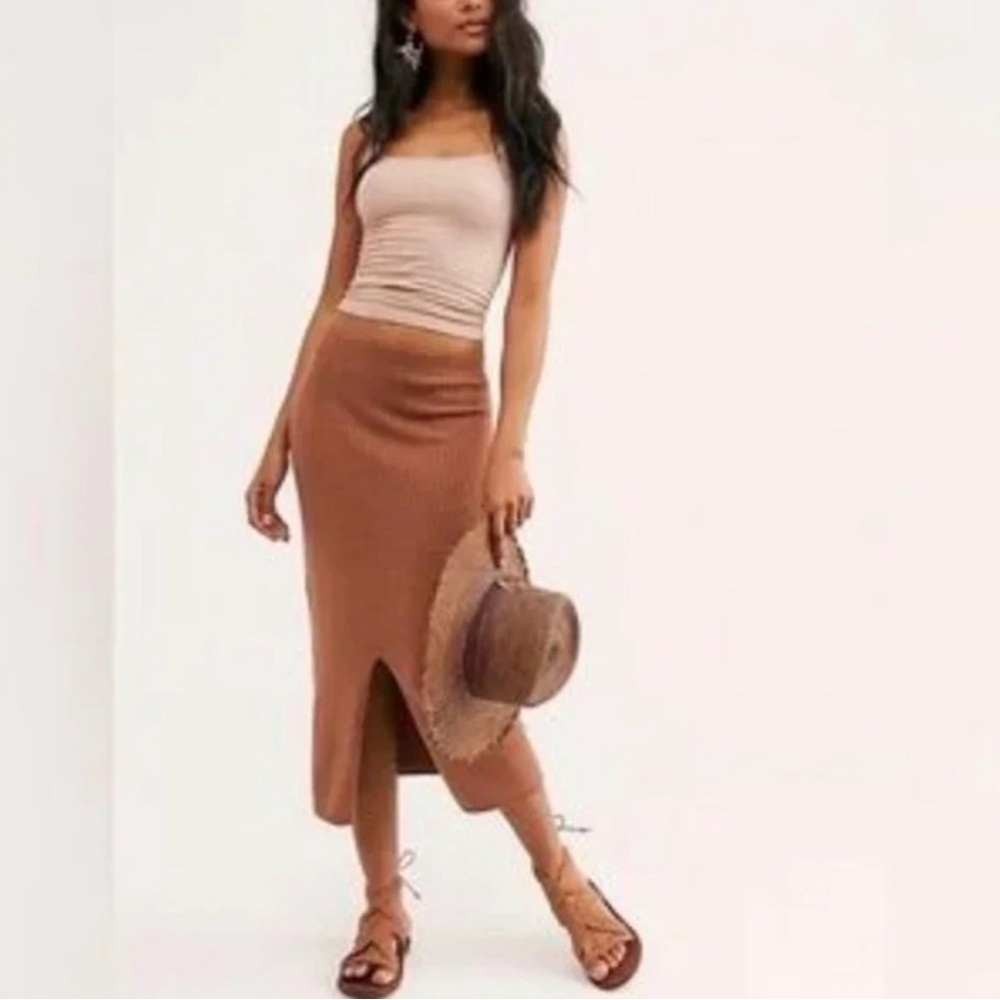 Free People Brown Midi Skirt with Front Slit